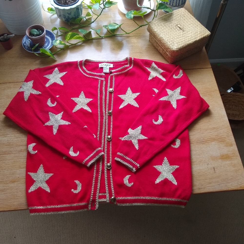 Vintage red cardigan with gold stars and moons